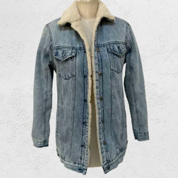 KSUBI Sherpa-Lined Long Denim Jacket – Women’s XS – Light Wash - Picture 1 of 5
